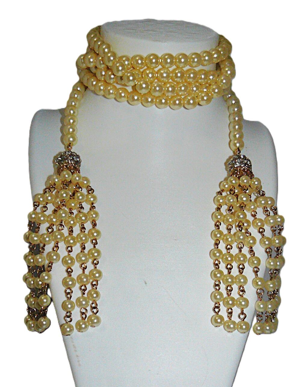 Vintage Faux Pearl Lariat Necklace 48" Rhinestone Faux Pearl Tassels 3.5"